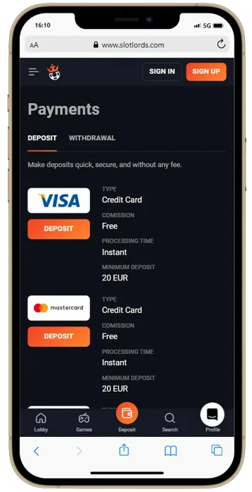 Deposit Process in the SlotLords Casino app