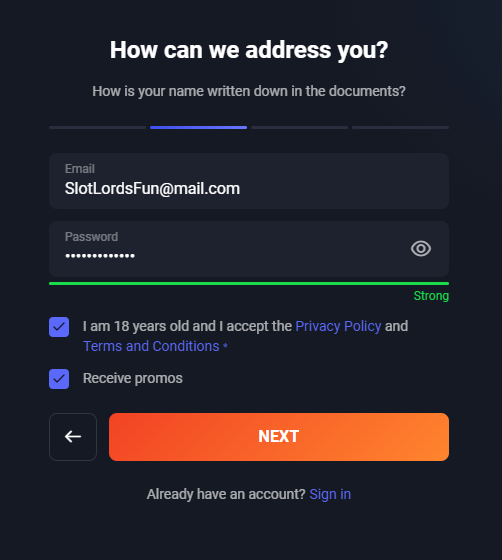 First Step of SlotLords sign up process